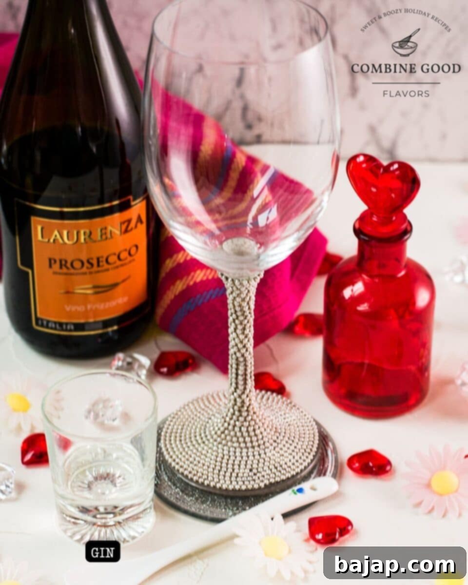 Simple ingredients for the Queen's Peg cocktail: a bottle of Hendrick's Flora Adora gin, a bottle of Prosecco, and a bowl of cubed ice.