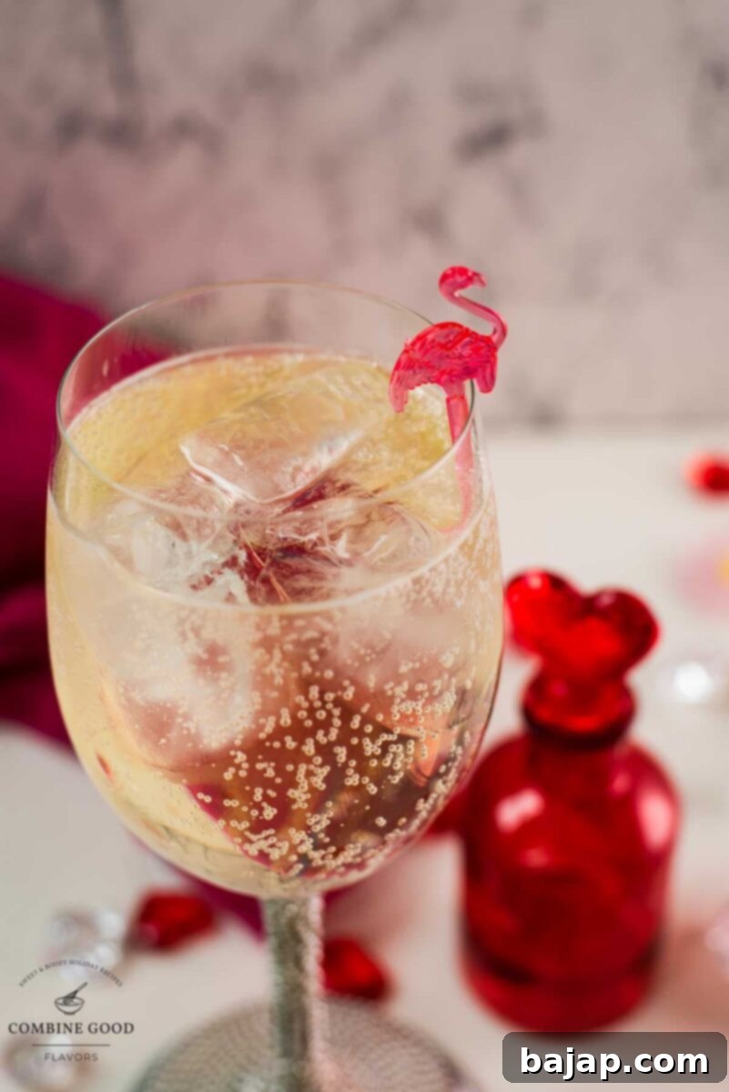Valentines gin cocktail, garnished with a gorgeous flamingo cocktail pick, served in wine glass. Placed on a mirrored coaster next to a heart shaped flask.