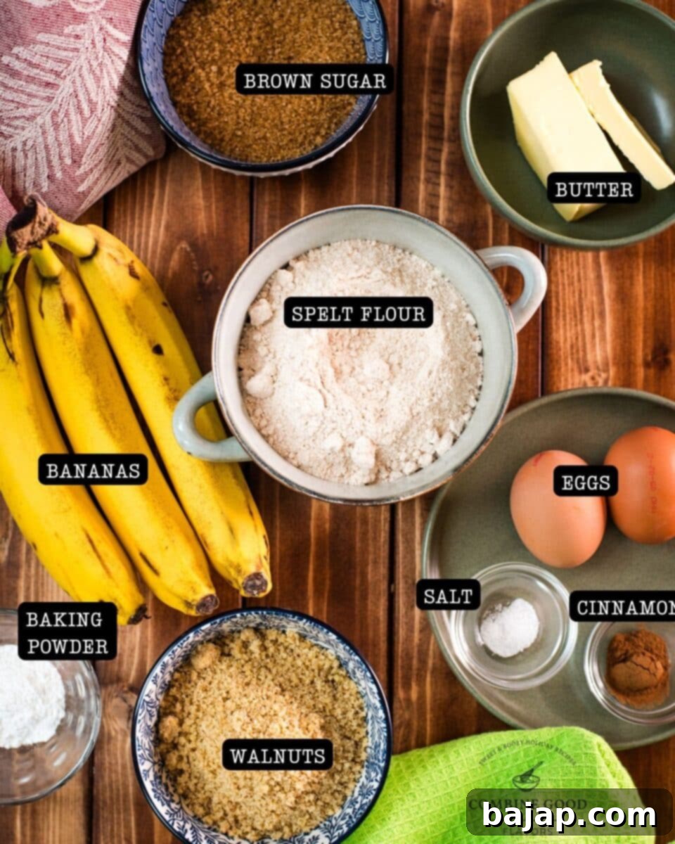 Brown sugar banana bread ingredients - brown sugar, butter, spelt flour, eggs, salt, cinnamon, bananas, baking powder, walnuts.