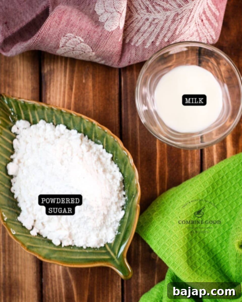 Simple glaze ingredients - powdered sugar, milk