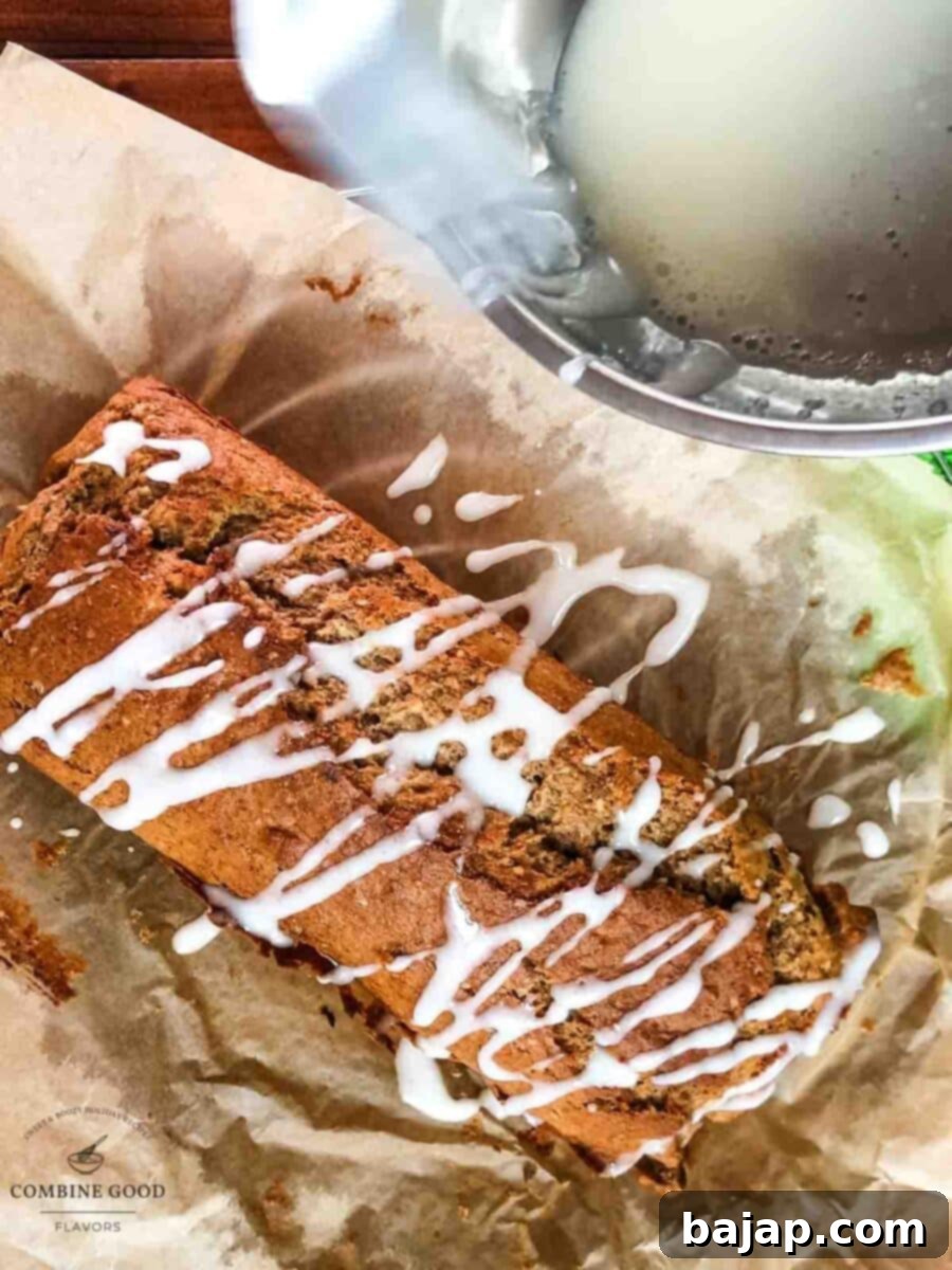 Drizzle the homemade glaze over the banana bread