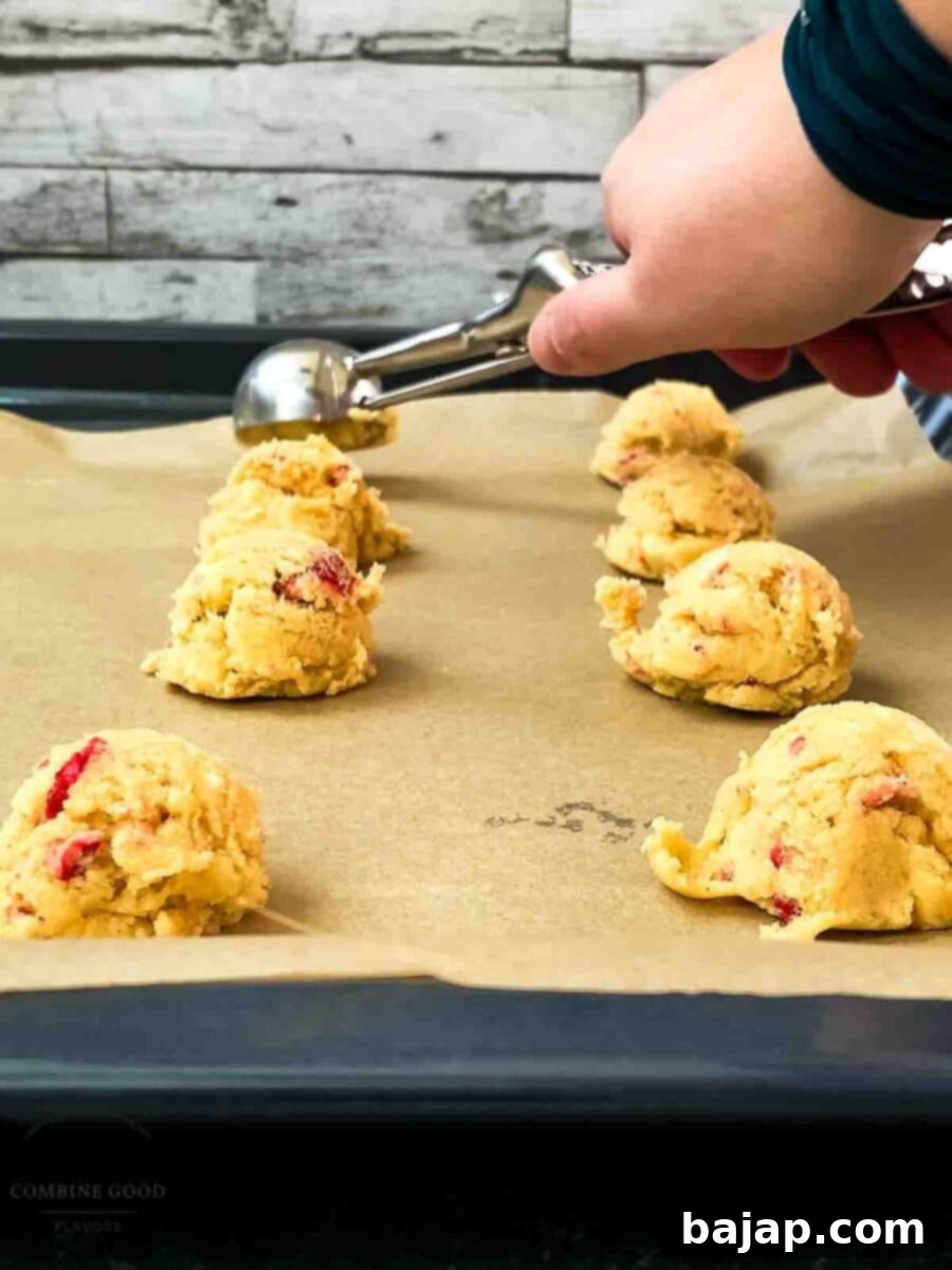 Scoop tablespoon-sized balls of dough onto the baking sheet, spacing them 2 inches apart.