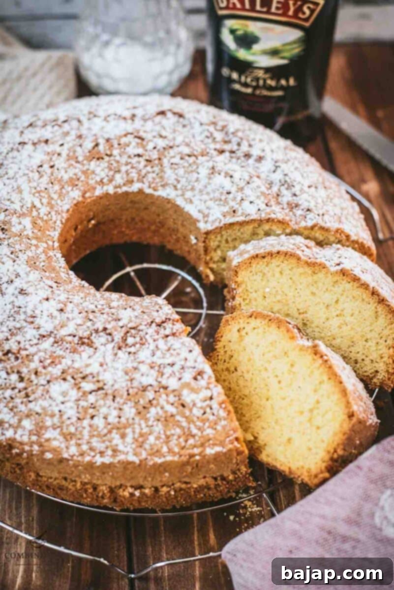 Boozy, fluffy Bailey's Irish cream bundt cake. Perfect with tea or coffee.