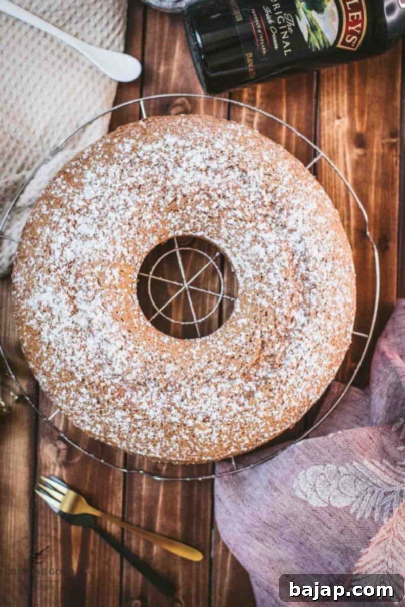 Boozy, fluffy Bailey's Irish cream bundt cake. Perfect with tea or coffee.