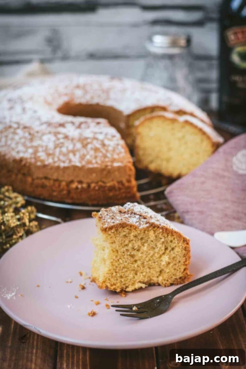 Boozy, fluffy Bailey's Irish cream bundt cake. Perfect with tea or coffee.