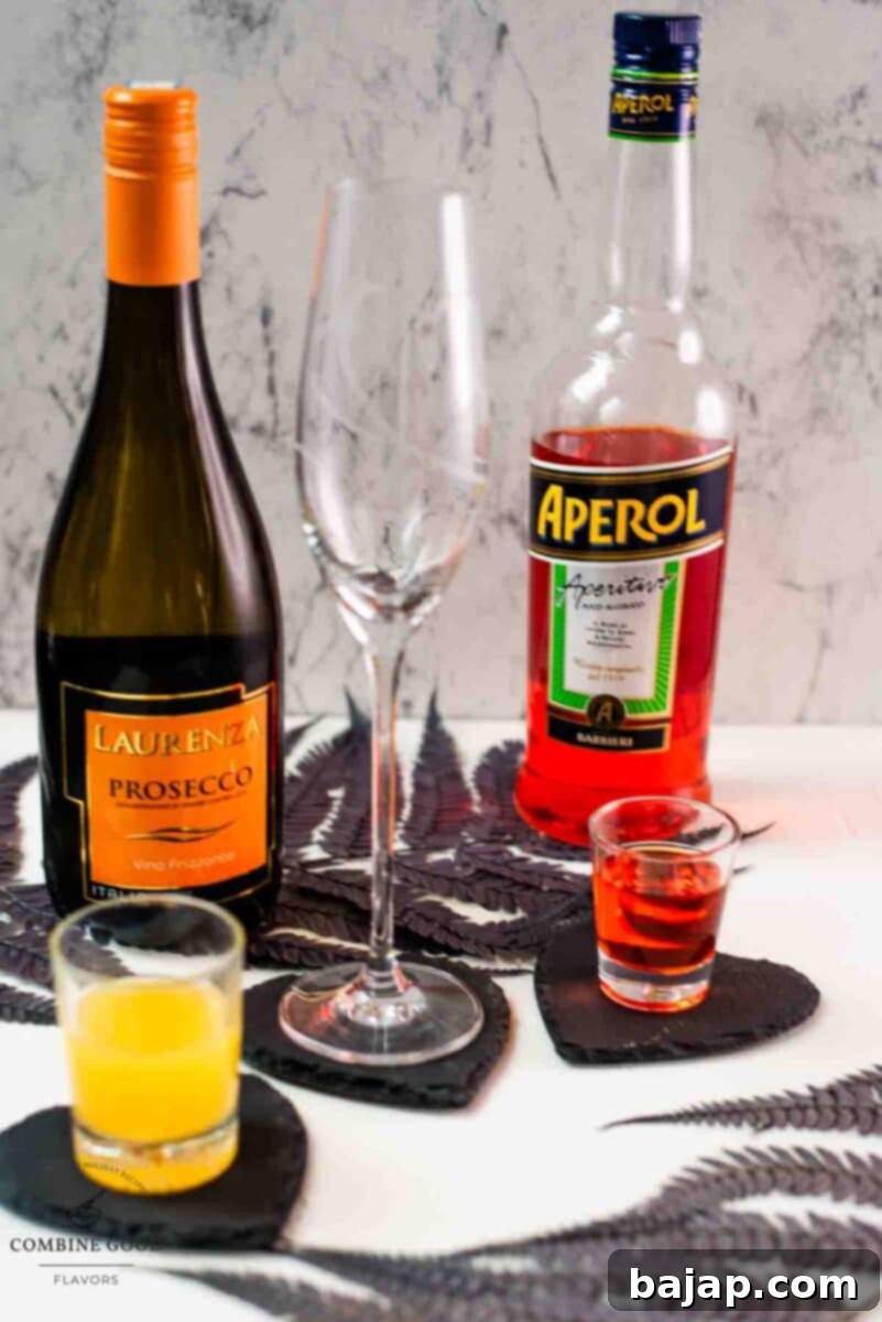 Ingredients - Aperol MImosa - Orange juice, Aperol, Prosecco.