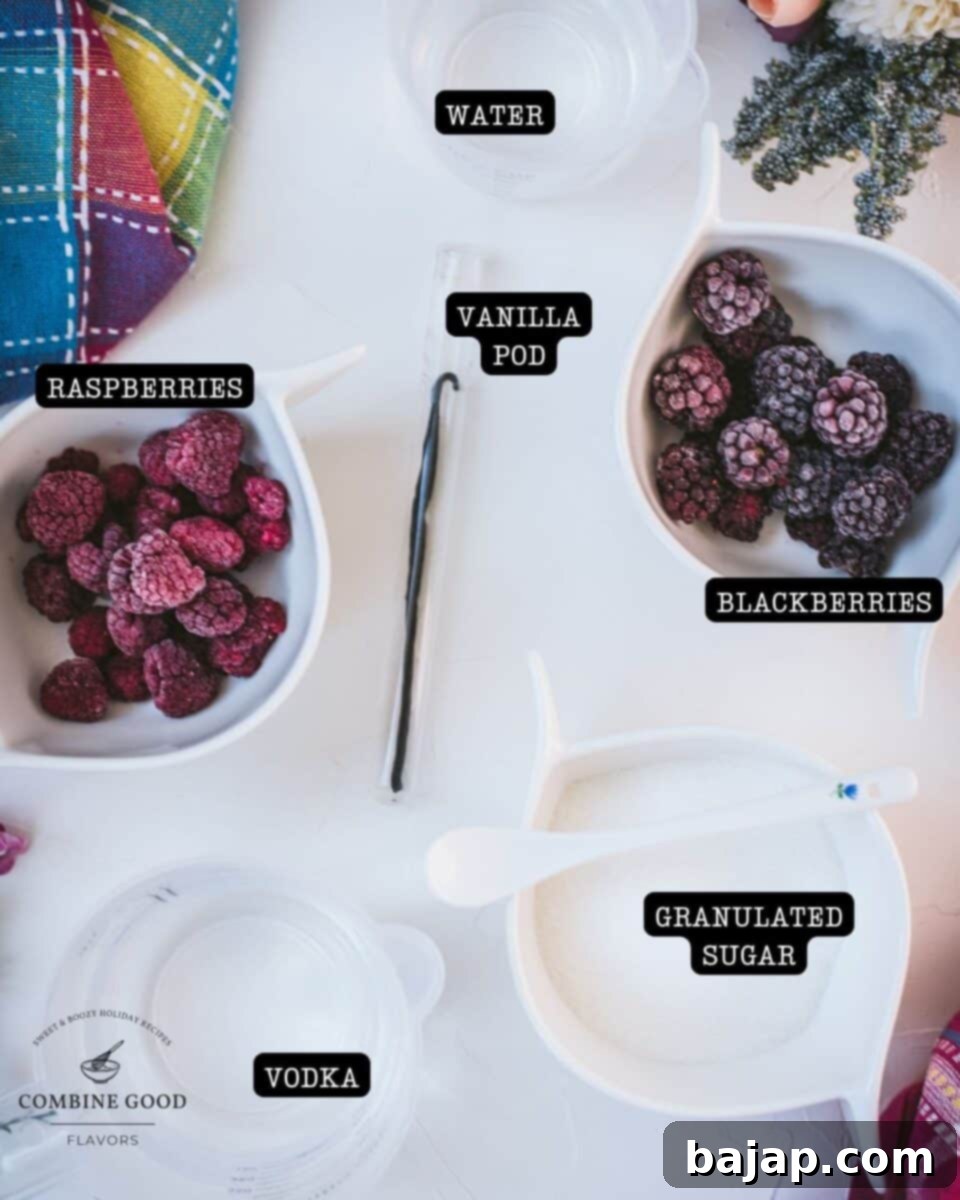 Ingredients homemade chambord - raspberries, blackberries, granulated sugar, vodka, vanilla pod, water.