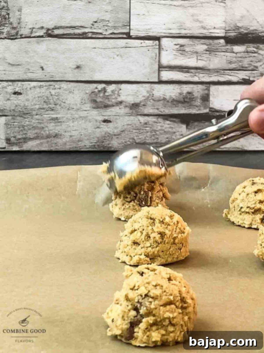 Chewy and Soft Oatmeal Chocolate Chip Delights 7 Scoop tablespoon-sized portions of dough onto the prepared baking sheet, spacing them 2 inches apart.