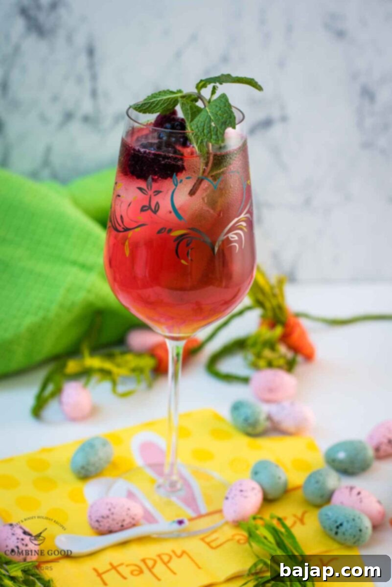 Cute white wine glass, filled with a delicious Blackberry Raspberry Easter Spritz. Garnished with blackberries and mint sprig.