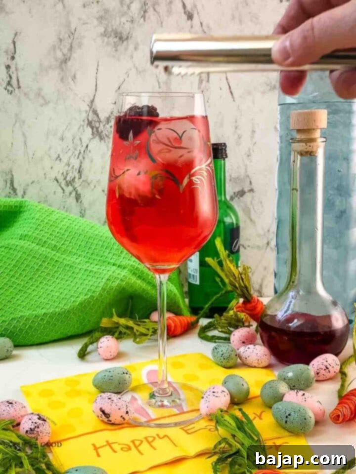 Add blackberries to the blackberry raspberry Easter white wine spritzer.