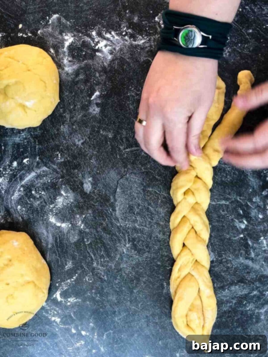 Braid the dough strands into three plaits to form the Easter bread wreaths.