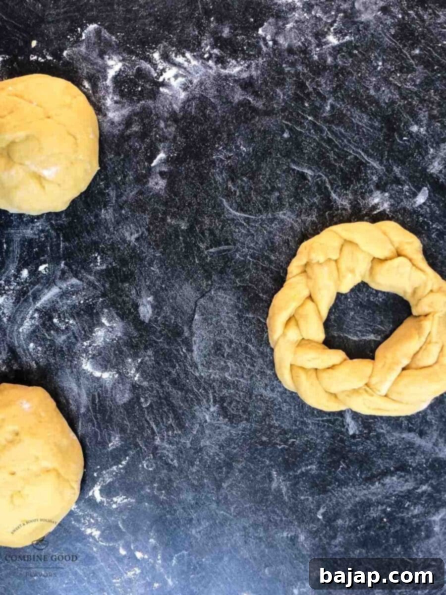 Form each plait into a wreath, pressing the ends together firmly to create a circular shape.