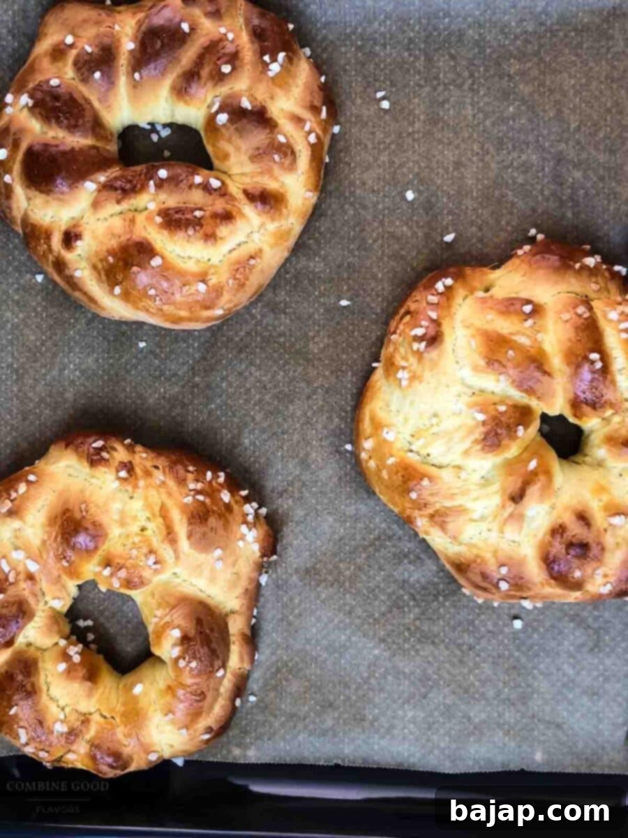 Delicious golden brown baked braided Easter bread wreaths after baking