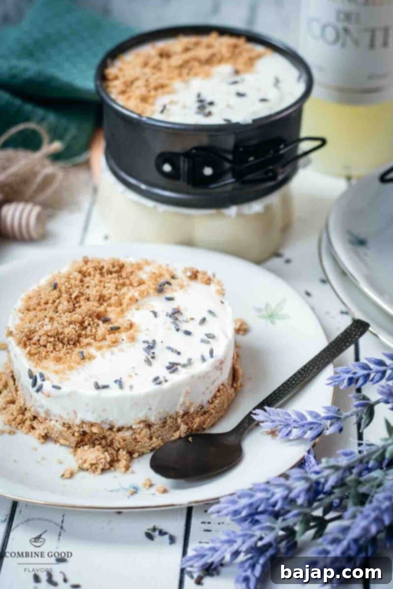 Adorable mini no bake cheesecakes with lavender and limoncello, placed on plates with a floral pattern.