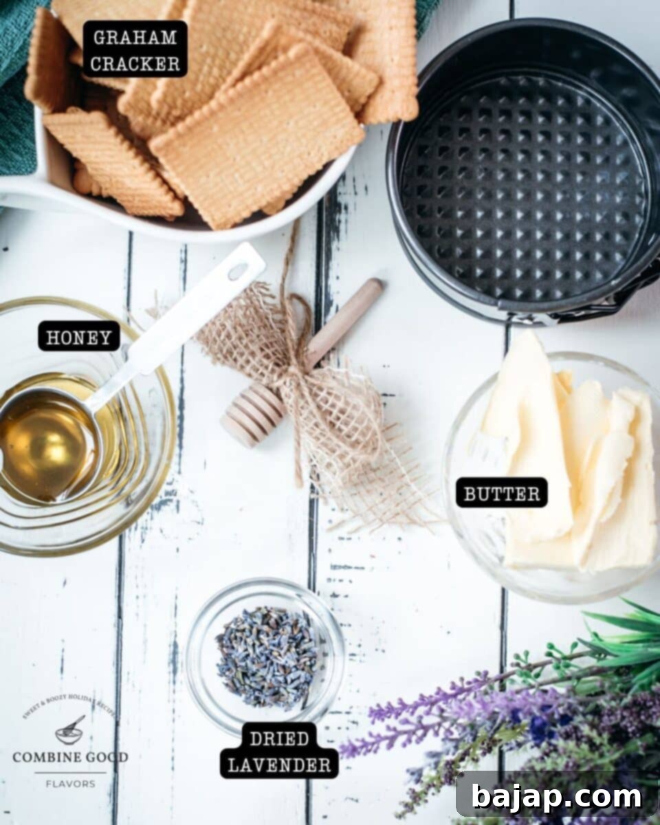 Ingredients Mini Limoncello Lavender Cheesecakes - crust - graham cracker, honey, butter, and dried lavender.