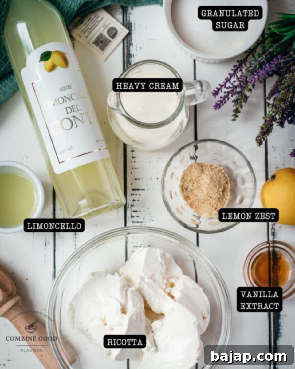 Ingredients Mini Limoncello Lavender Cheesecakes - cream - limoncello, heavy cream, granulated sugar, lemon zest, vanilla extract and ricotta.