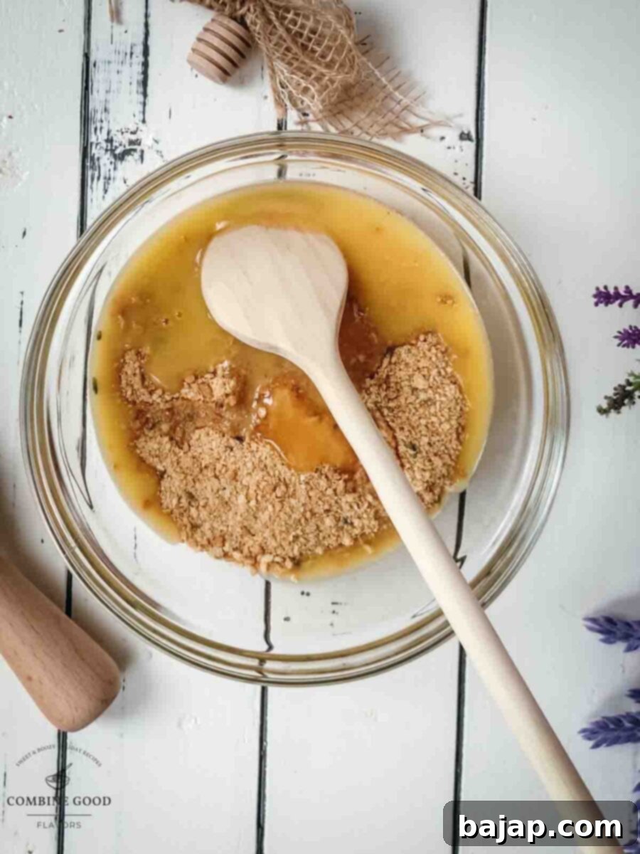 Add melted butter to the prepared lavender graham cracker crumbs.