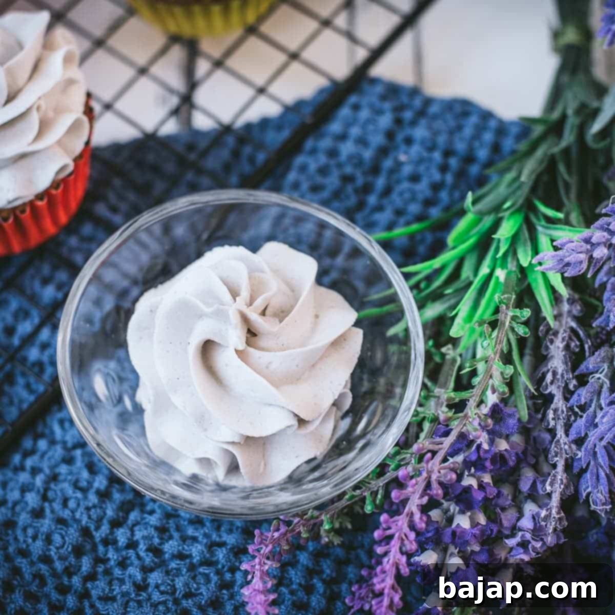 Sweet and gorgeous lavender buttercream piped in glass jar.