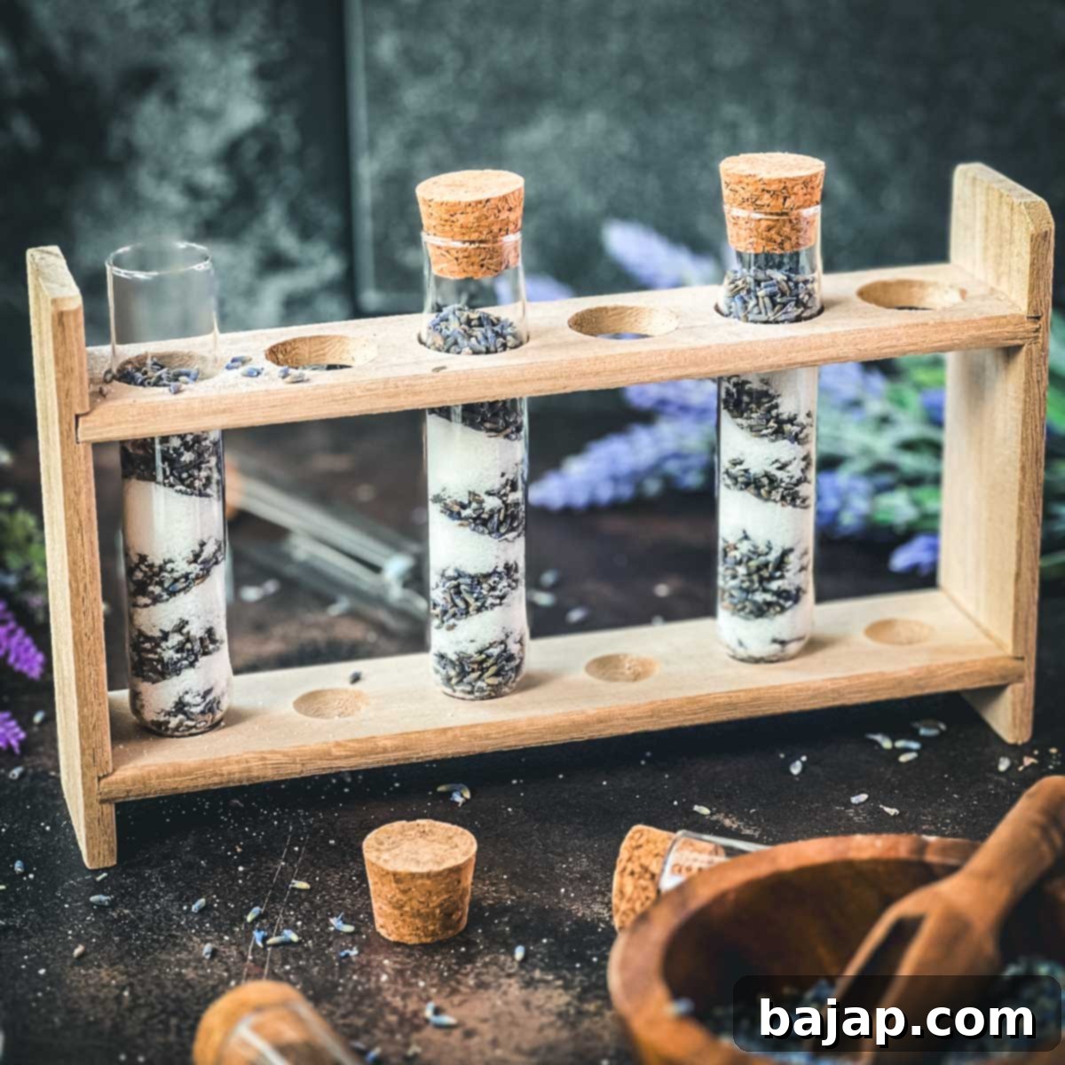 Phiolen gefüllt mit Schichten aus getrocknetem Lavendel und Kristallzucker. Das perfekte Geschenk für backbegeisterte Freunde und Verwandte. Homemade lavender sugar is an essential culinary lavender ingredient.