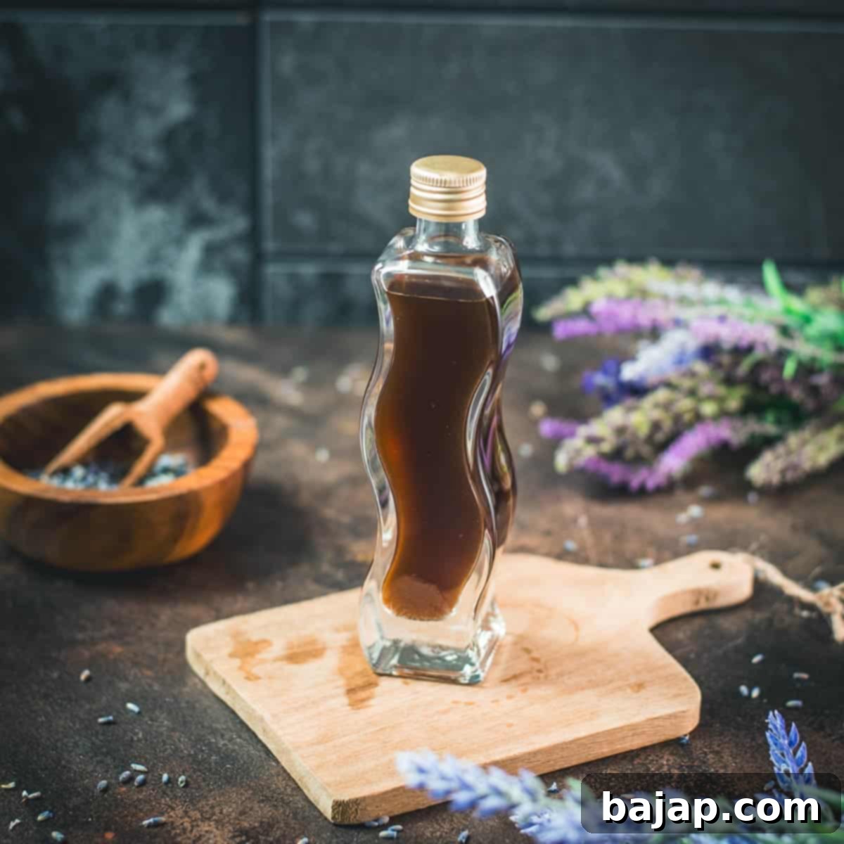 Curved bottle filled with homemade lavender extract on brown wooden board surrounded by lavender flowers. This lavender extract is great for various lavender recipes.