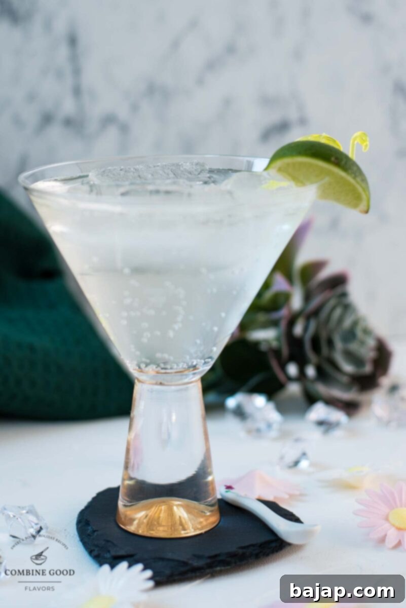 Mediterranean Spritz 8 Easy and delicious! Vermouth tonic, in a gorgeous cocktail glass, placed on a black heart-shaped slate coaster. Garnished with a lime wedge and flamingo cocktail pick.