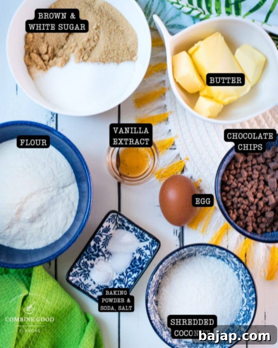 Ingredients - coconut chocolate chip cookies - brown sugar, granulated sugar, butter, vanilla extract, flour, egg, baking powder, baking soda, salt, shredded coconut, chocolate chips.