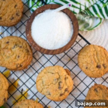 Delicious coconut chocolate chip cookies, on a cooling rack.