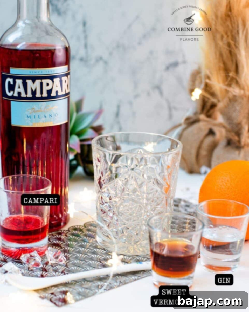 Ingredients - Negroni - Campari, sweet vermouth, and gin.