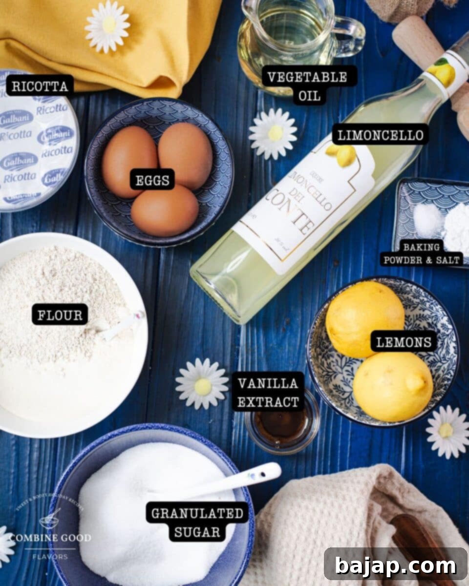 Ingredients for Limoncello Ricotta Cake - flour, ricotta, eggs, vegetable oil, Limoncello, baking powder, salt, lemons, vanilla extract, and granulated sugar. This light and fluffy limoncello ricotta cake is the perfect summer dessert. Simple ingredients, dreamy texture, and a splash of Italian charm-done in under an hour!
