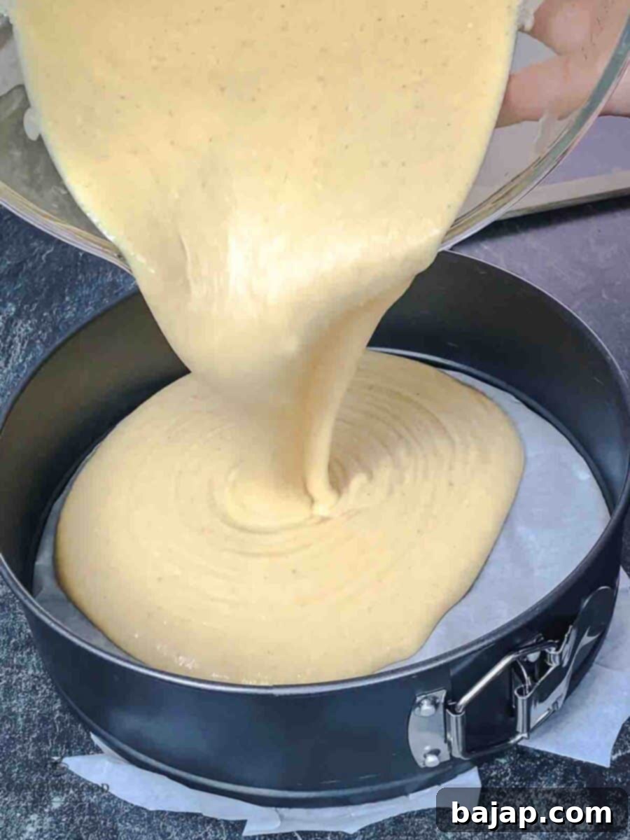 Pour the liquid batter into the prepared springform pan.