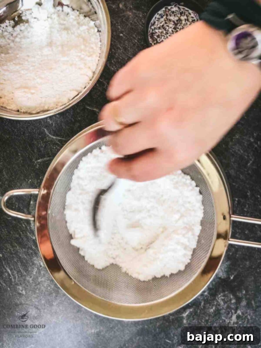 Velvet Lavender Buttercream Two Ways 6 Sieve the powdered sugar through a fine-meshed sieve to ensure no lumps are in the buttercream.