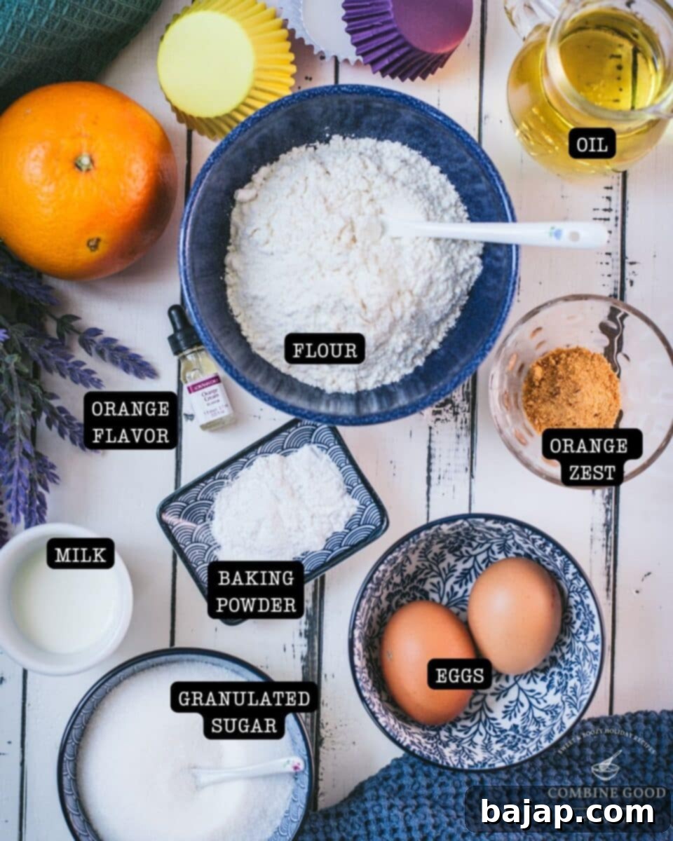 ingredients - orange muffins - flour, oil, orange zest, orange flavor, milk, baking powder, eggs, granulated sugar