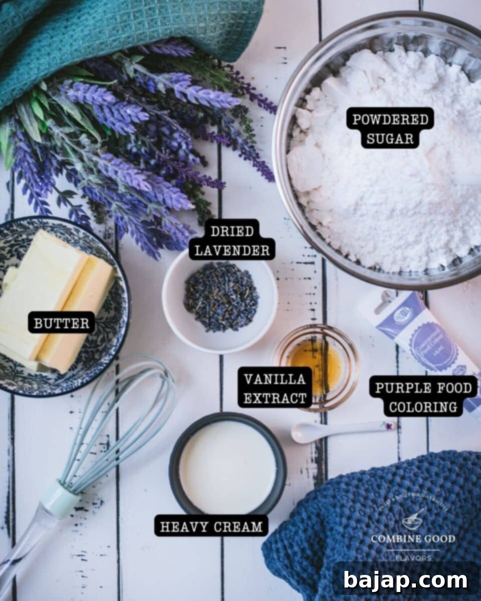 Ingredients - lavender buttercream - powdered sugar, dried lavender, vanilla extract, butter, purple food coloring, heavy cream
