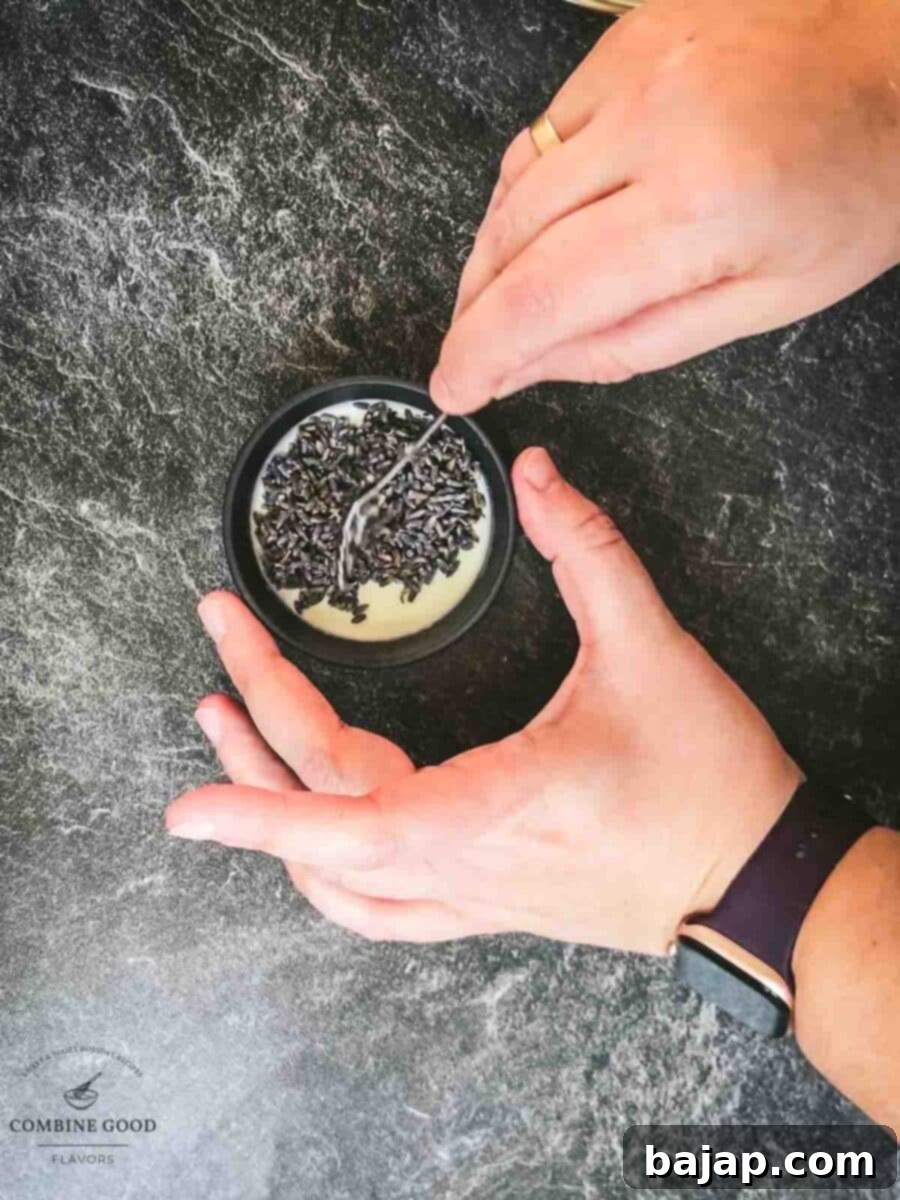 Stir the lavender buds into the warm heavy cream.