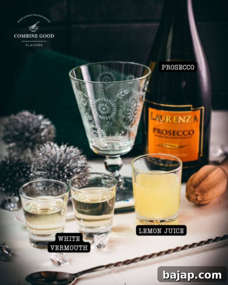 Ingredients for Blondie Cocktail: white vermouth, fresh lemon juice, and sparkling wine, neatly arranged.