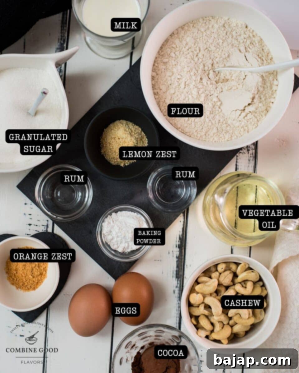 Arrangement of rum muffin ingredients: fresh eggs, granulated sugar, all-purpose flour, whole milk, sunflower oil, baking powder, vibrant lemon zest, fragrant orange zest, rum extract, white rum, chopped cashew nuts, and rich Dutch cocoa powder.