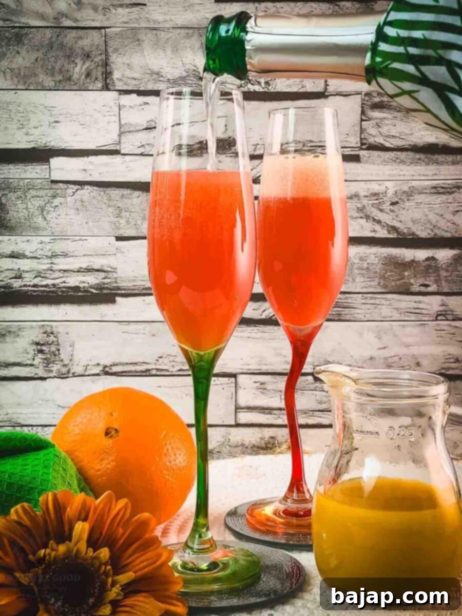 Topping off the Campari and orange juice mixture with Prosecco, creating a beautiful bubbly Campari Mimosa.