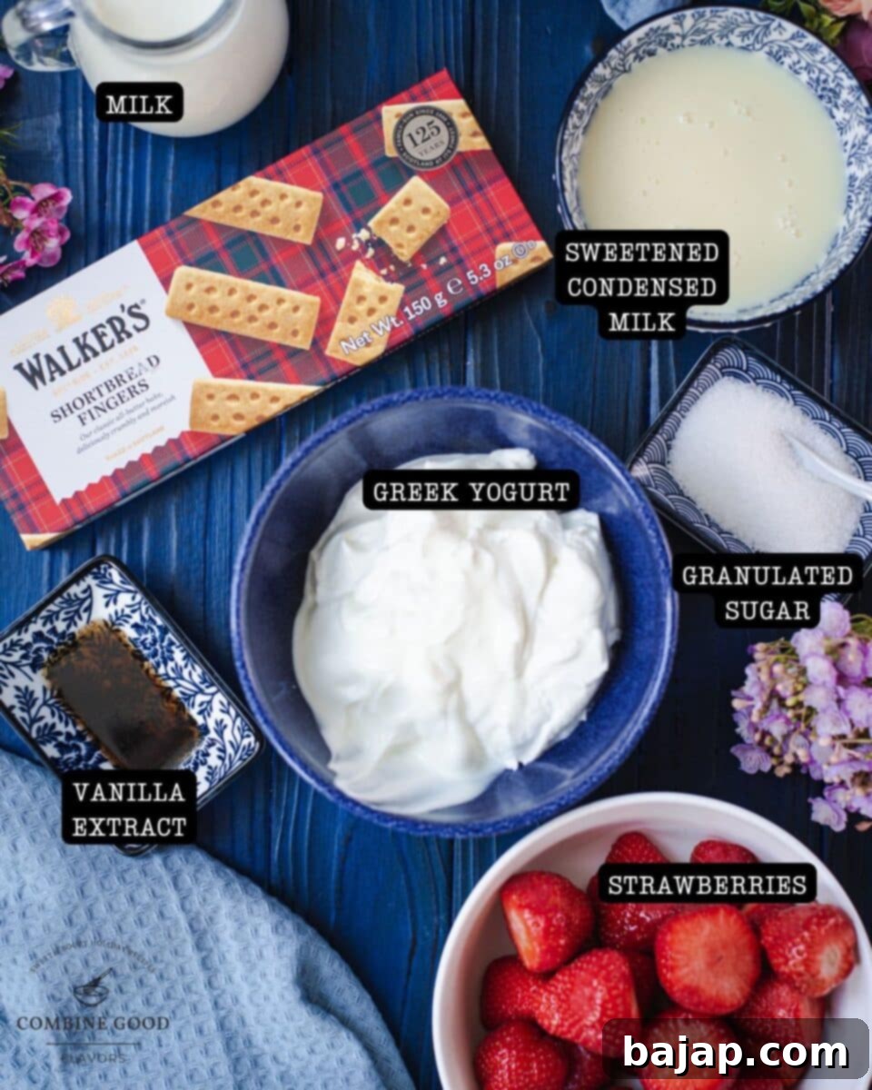 Strawberry shortcake ice cream ingredients - milk, sweetened condensed milk, greek yogurt, granulated sugar, strawberries, vanilla extract, shortbread cookies.