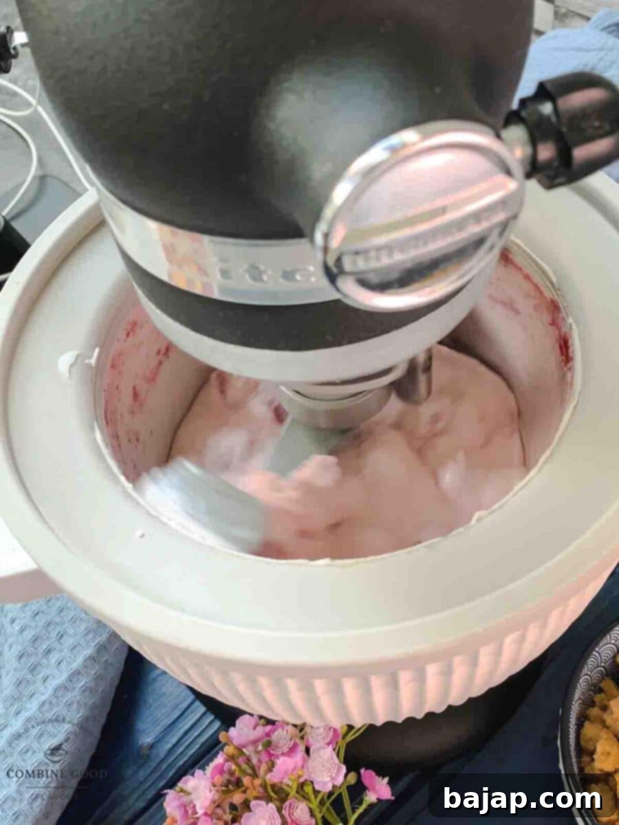 At the beginning of churning the strawberry shortcake ice cream, using an KitchenAid Ice Cream Maker Attachment.