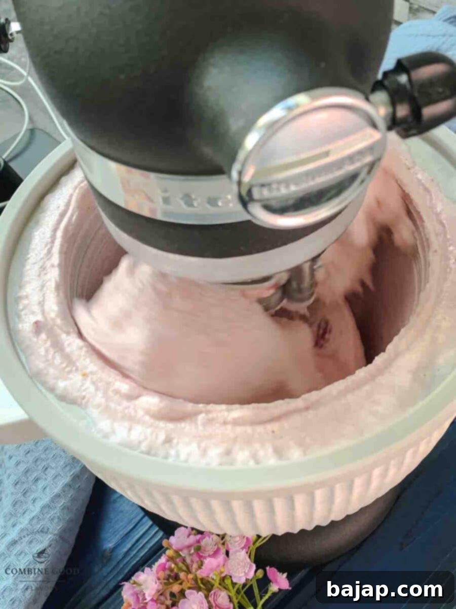 At the end of churning the strawberry shortcake ice cream, using an KitchenAid Ice Cream Maker Attachment.