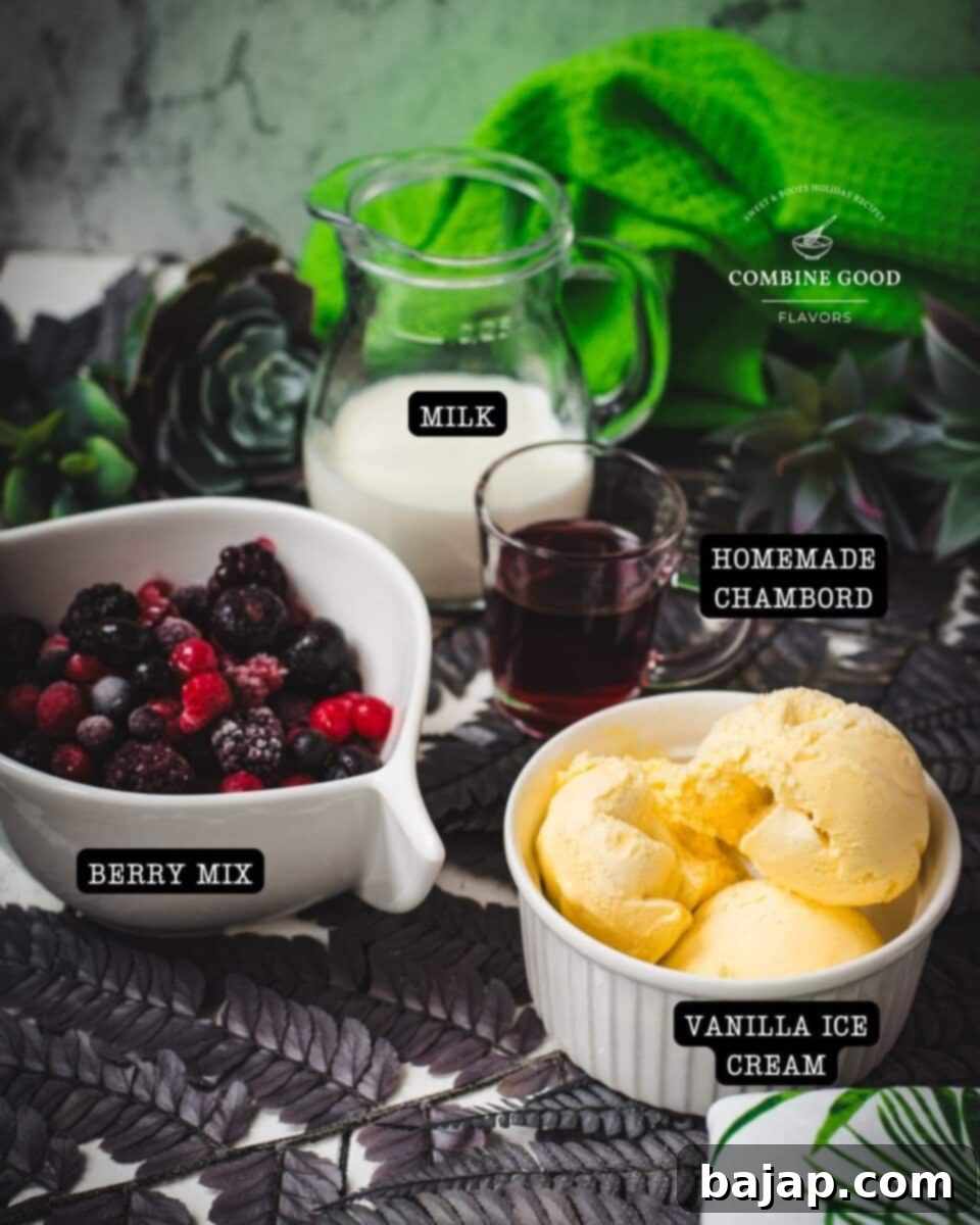 Adult berry vanilla milkshake ingredients - milk, homemade Chambord, berry mix, vanilla ice cream.