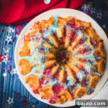 Firecracker bundt cake on a white plate, overhead shot.