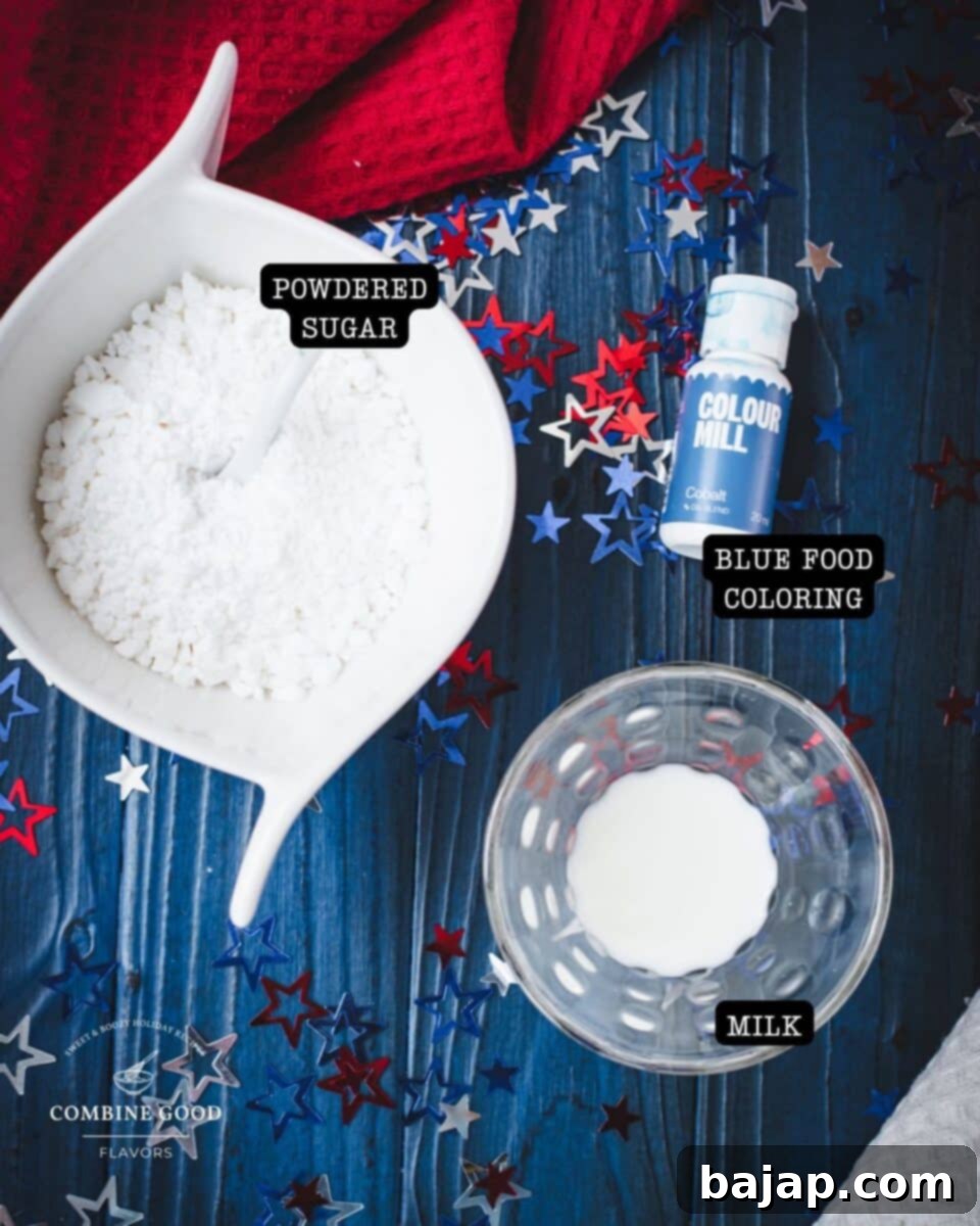 Firecracker bundt cake ingredients - glaze - blue food coloring, milk, powdered sugar.