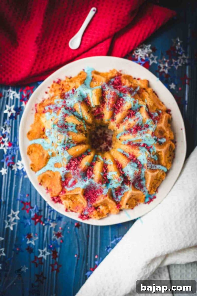 Firecracker bundt cake on a white plate, overhead shot.