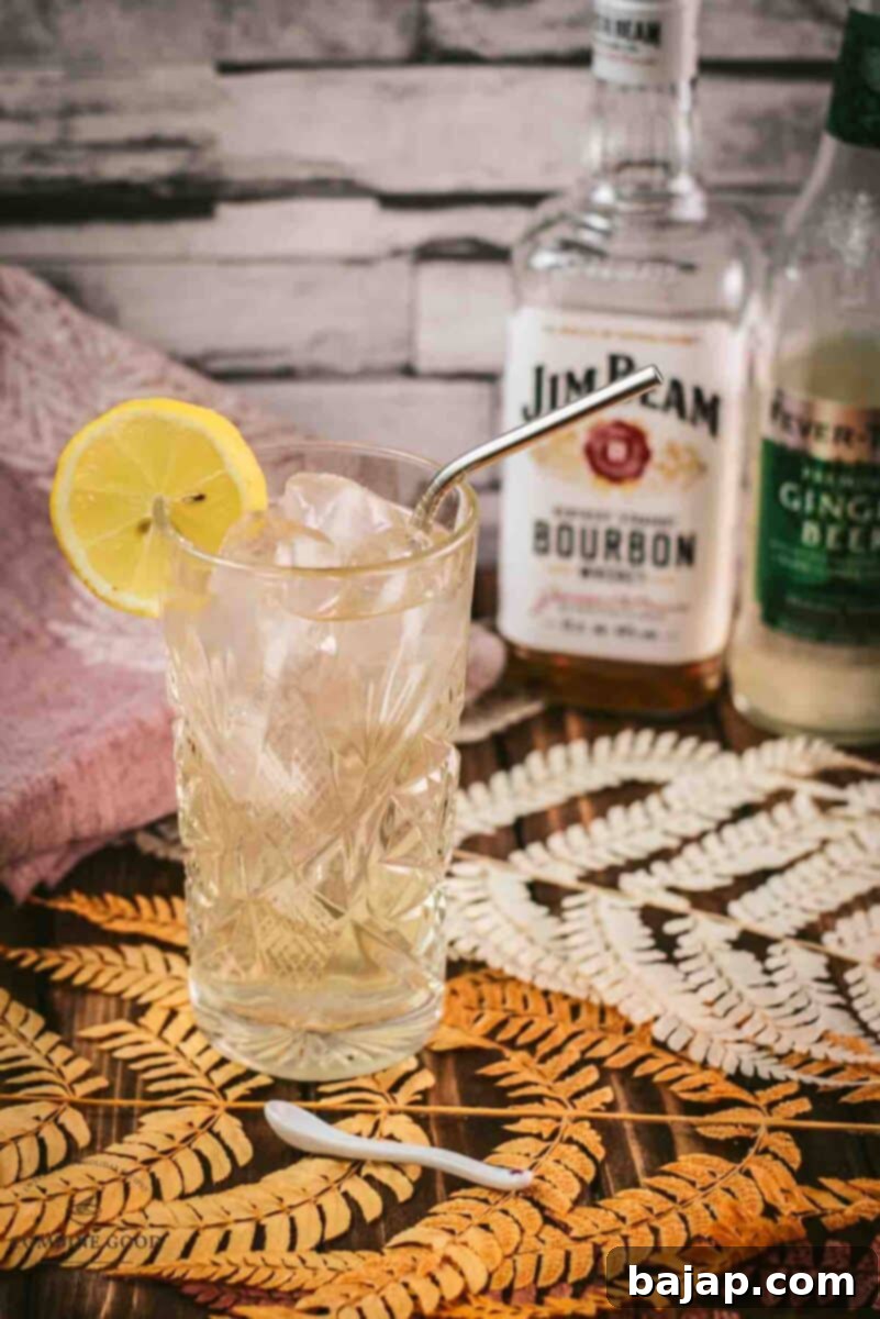 Beautifully garnished Bourbon Highball cocktail with ginger beer and a lemon slice, perfect for fall.