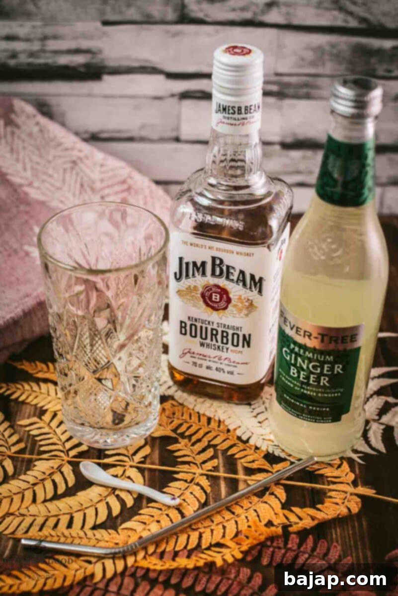 Essential ingredients for a Bourbon Highball: quality Bourbon, spicy Ginger Beer, and plenty of cubed ice.