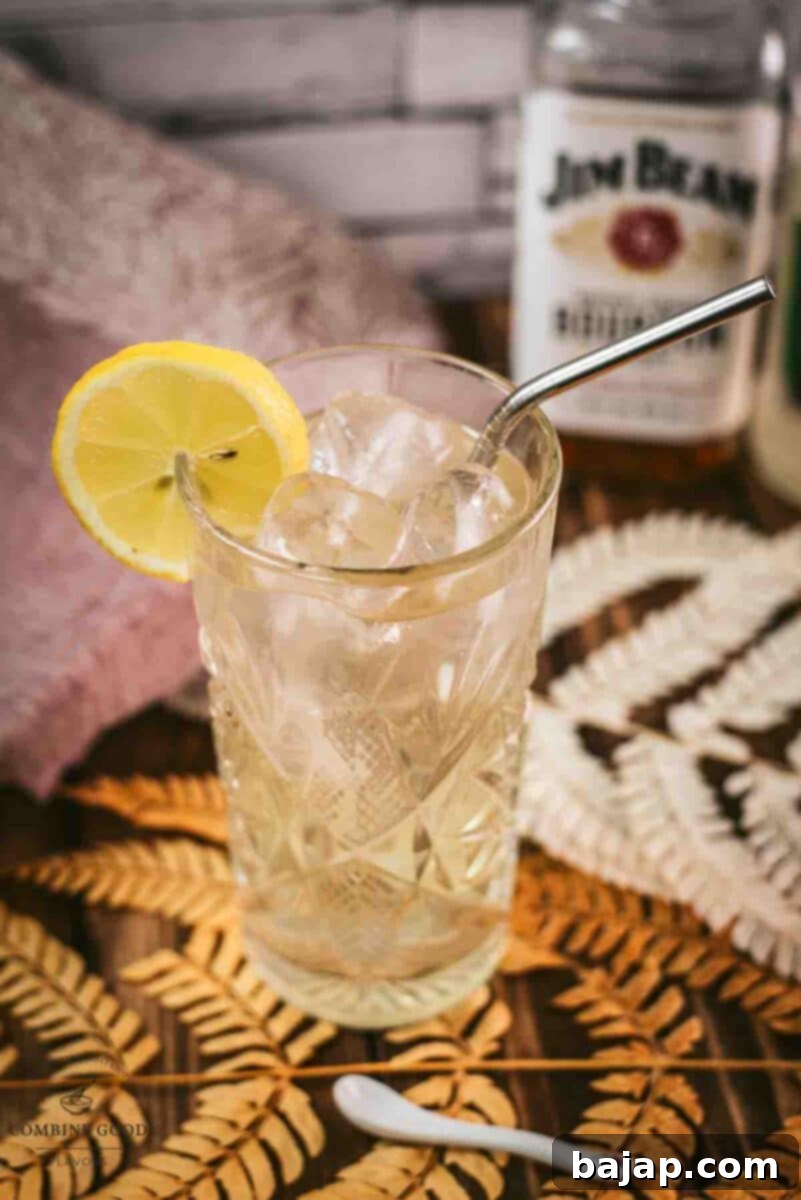 Basic bar equipment for making a Bourbon Highball, including a serving glass, jigger, and lemon.