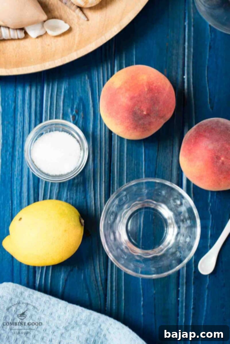 Golden Peach Purée: Perfect for Bellinis and Beyond 3 Ingredients for peach puree: fresh peaches, lemon, sugar, and water.