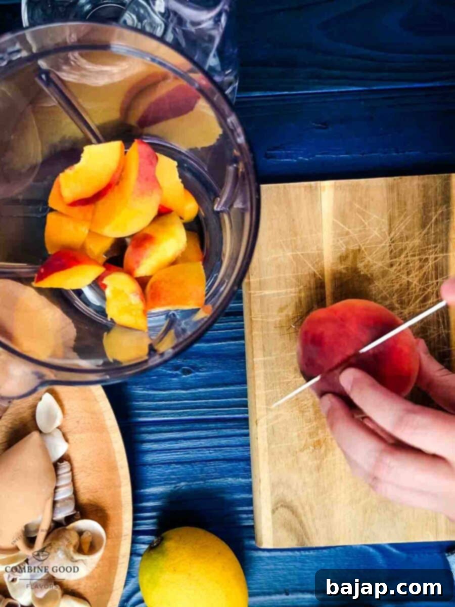 Golden Peach Purée: Perfect for Bellinis and Beyond 4 Cutting ripe peaches into small cubes for the puree.