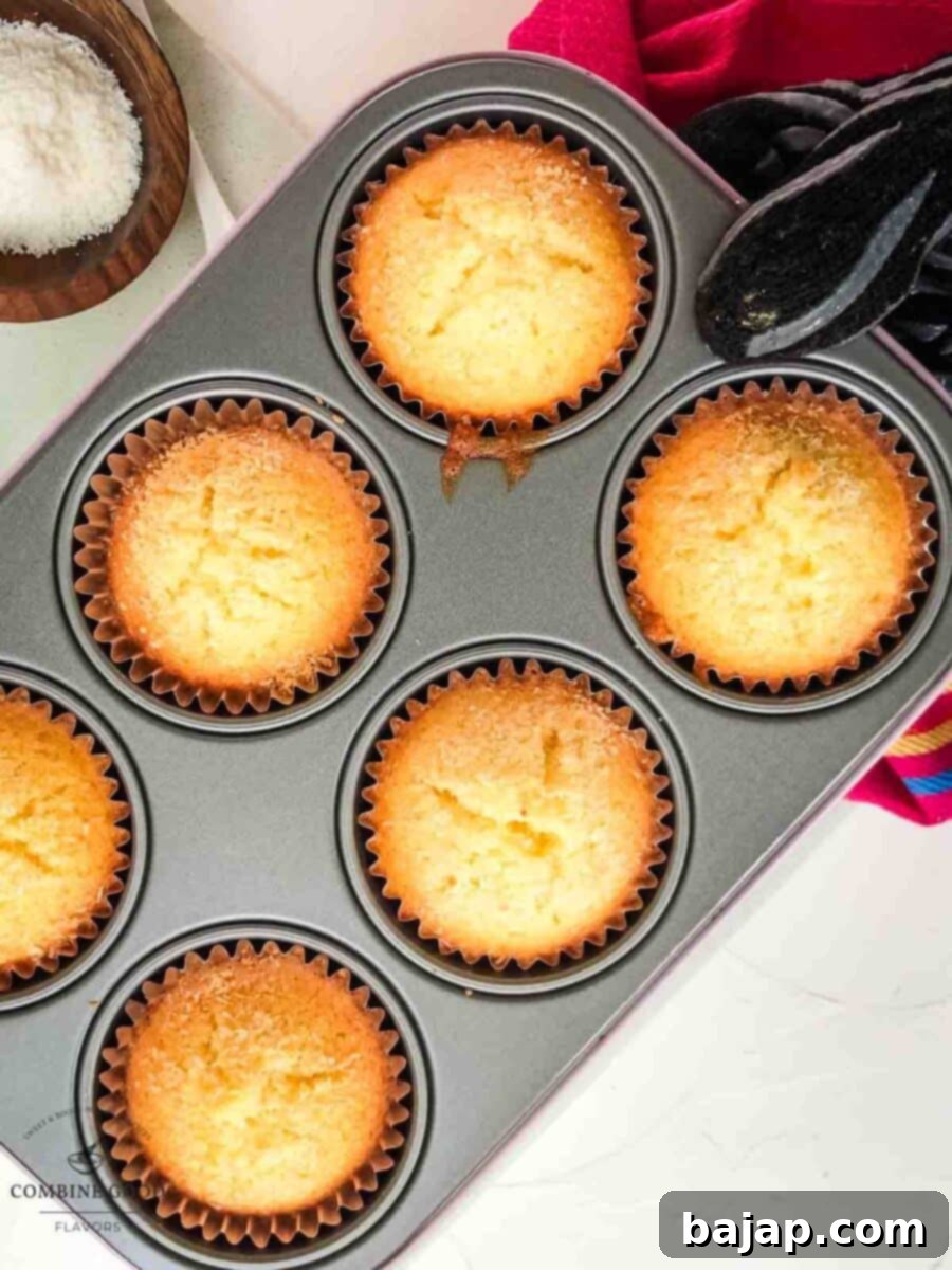 Freshly baked golden coconut muffins cooling slightly in a muffin tin.